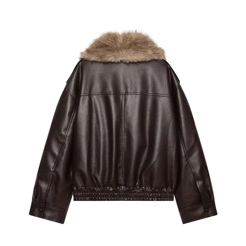 Damen Kurz geschnittene Biker-Lederjacke mit voluminösem Kunstpelz-Schalkragen Nord Taschen