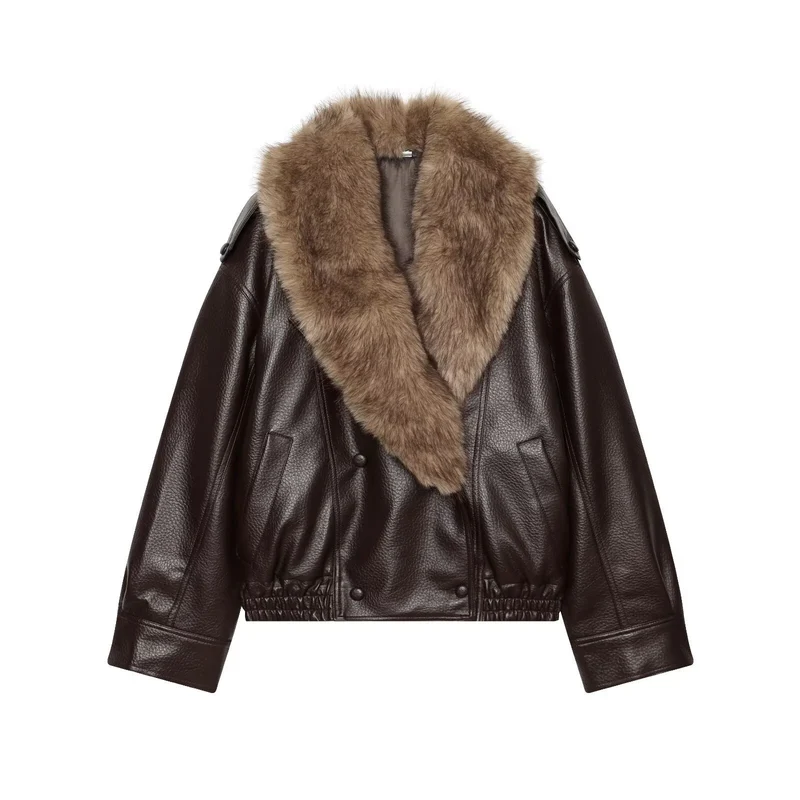 Damen Kurz geschnittene Biker-Lederjacke mit voluminösem Kunstpelz-Schalkragen Nord Taschen