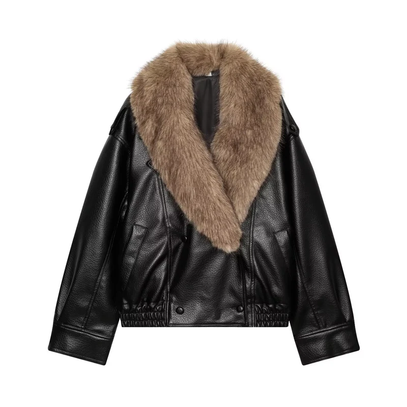 Damen Kurz geschnittene Biker-Lederjacke mit voluminösem Kunstpelz-Schalkragen Nord Taschen