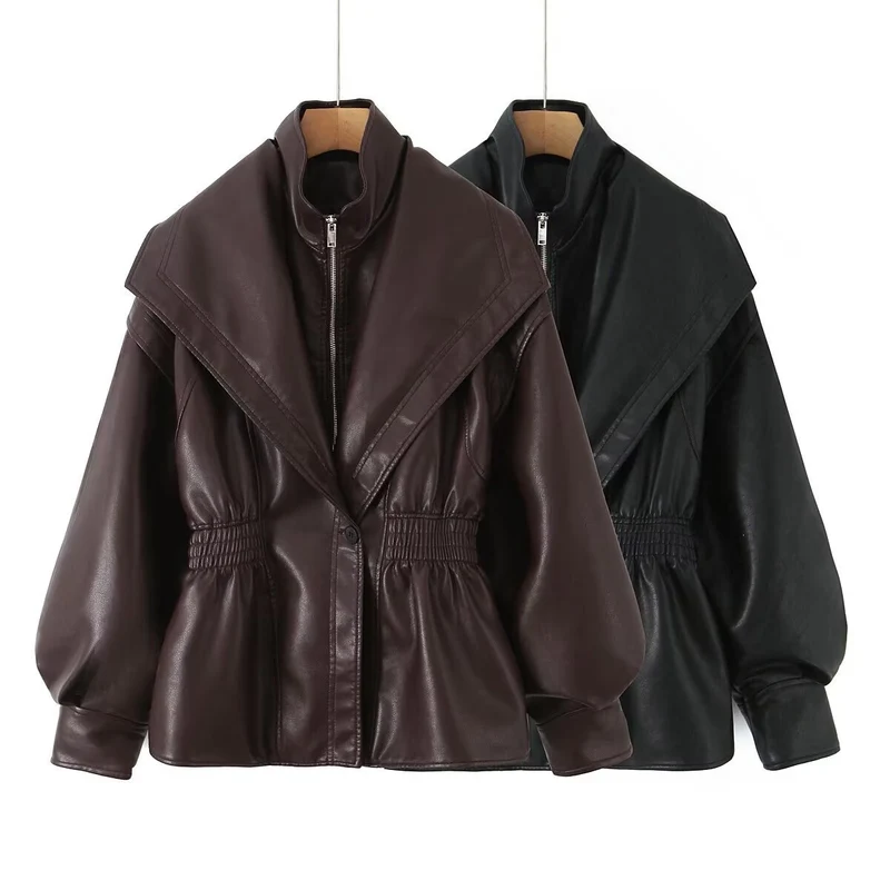 Damen Kunstlederjacke mit weitem Schalkragen und gerafftem Taillenbund Nord Taschen