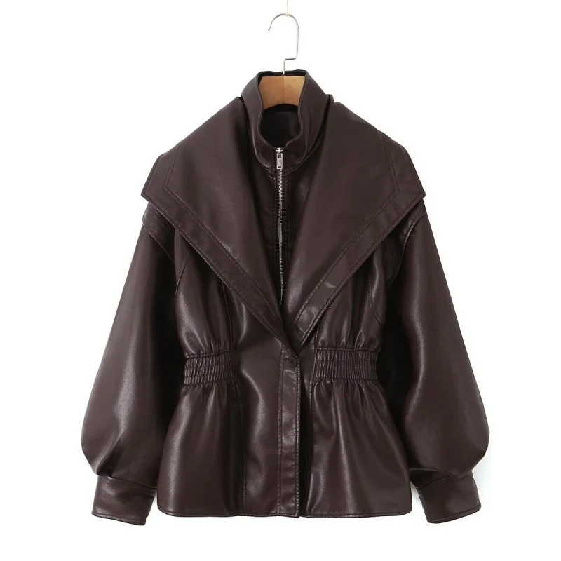 Damen Kunstlederjacke mit weitem Schalkragen und gerafftem Taillenbund Nord Taschen
