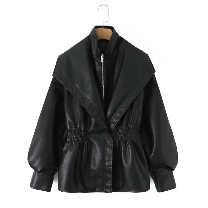 Damen Kunstlederjacke mit weitem Schalkragen und gerafftem Taillenbund Nord Taschen