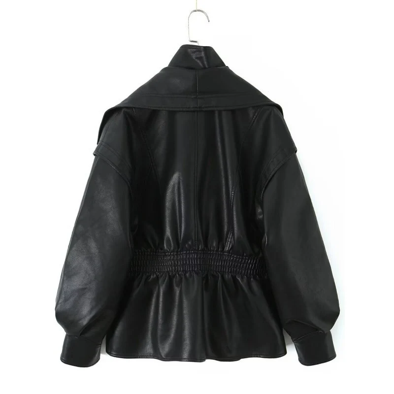 Damen Kunstlederjacke mit weitem Schalkragen und gerafftem Taillenbund Nord Taschen