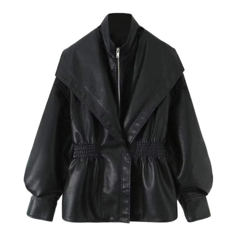 Damen Kunstlederjacke mit weitem Schalkragen und gerafftem Taillenbund Nord Taschen