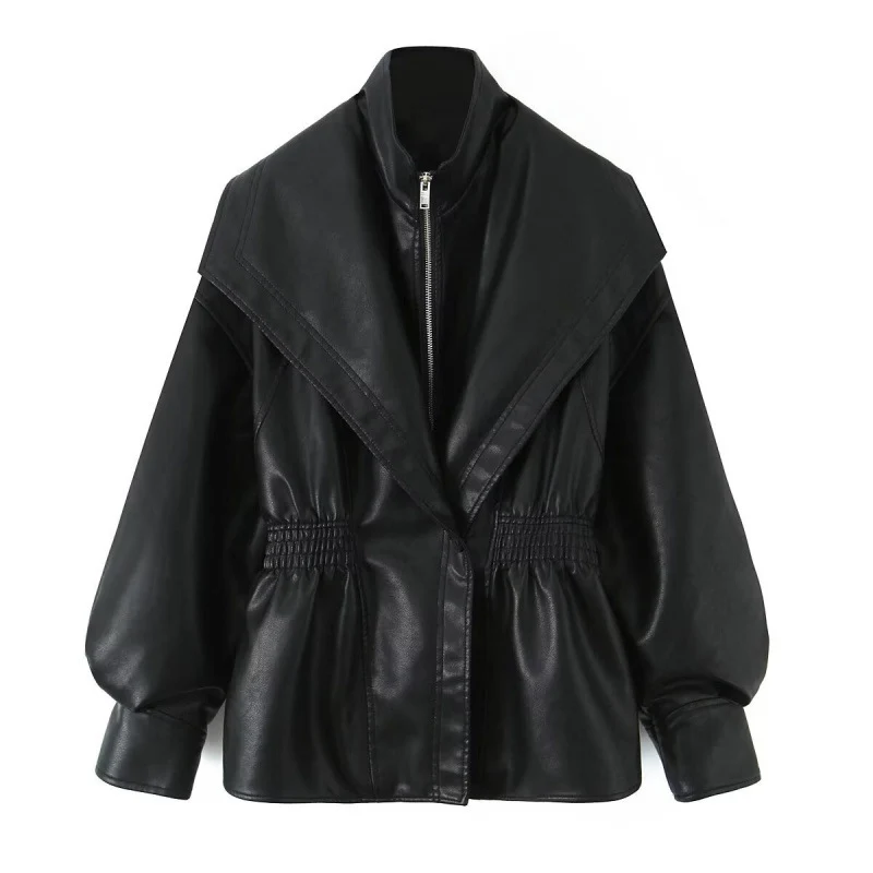 Damen Kunstlederjacke mit weitem Schalkragen und gerafftem Taillenbund Nord Taschen