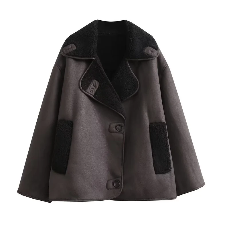 Damen Kastenförmige Kurzjacke aus Velourslederimitat mit Teddykragen und verdeckter Knopfleiste Nord Taschen
