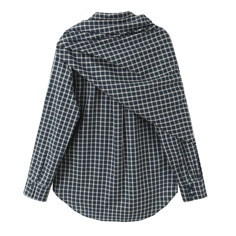 Damen Kariertes Hemdblusen-Shirt mit asymmetrischem Tuchdetail Nord Taschen