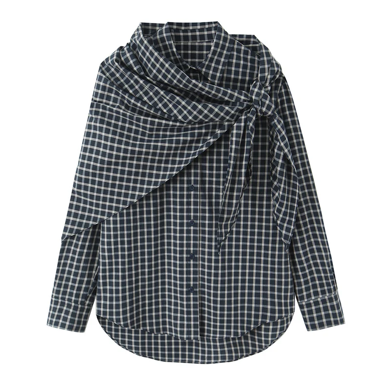 Damen Kariertes Hemdblusen-Shirt mit asymmetrischem Tuchdetail Nord Taschen