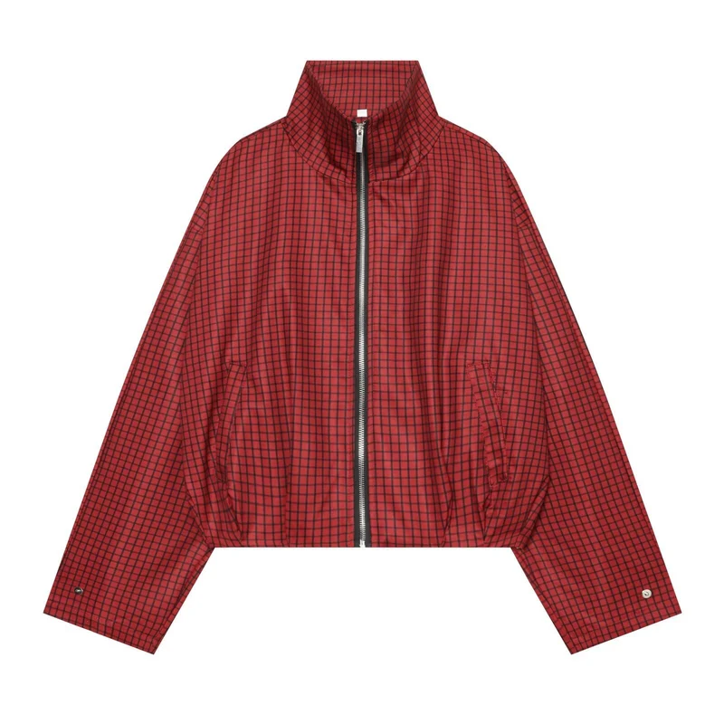 Damen Kariertes Cropped-Bomberjacke mit hohem Stehkragen, elastischem Saum und durchgehendem Reißverschluss Nord Taschen