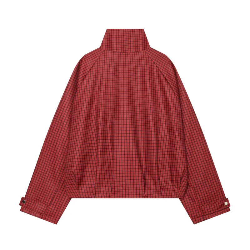 Damen Kariertes Cropped-Bomberjacke mit hohem Stehkragen, elastischem Saum und durchgehendem Reißverschluss Nord Taschen