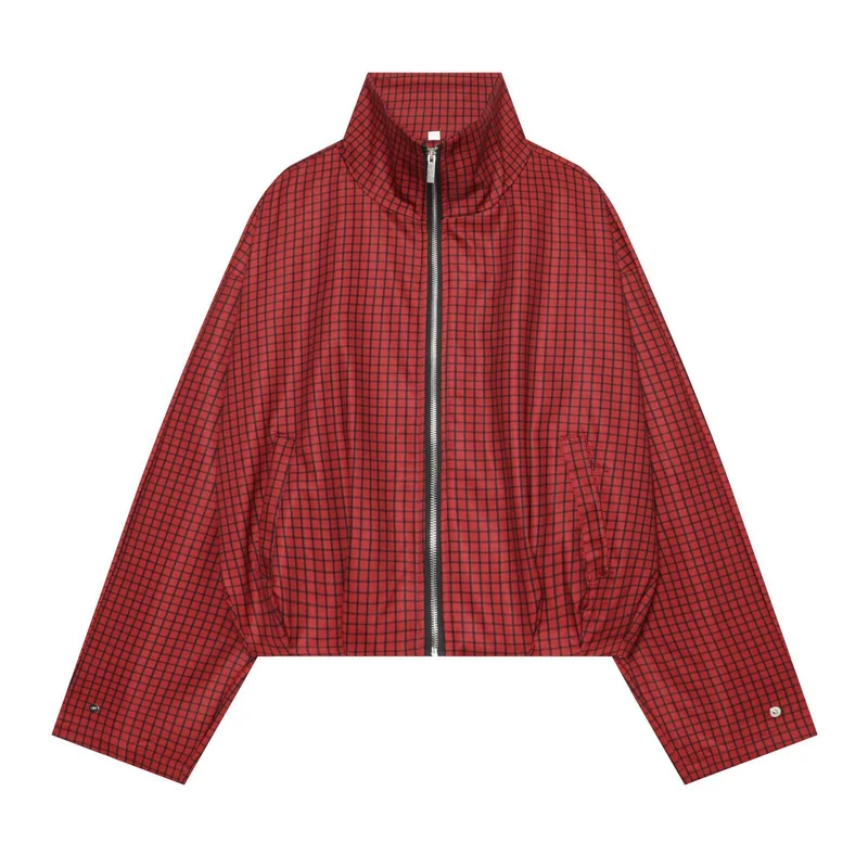 Damen Kariertes Cropped-Bomberjacke mit hohem Stehkragen, elastischem Saum und durchgehendem Reißverschluss Nord Taschen