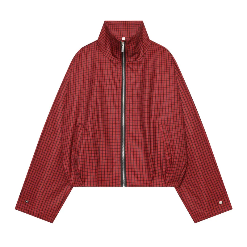 Damen Kariertes Cropped-Bomberjacke mit hohem Stehkragen, elastischem Saum und durchgehendem Reißverschluss Nord Taschen