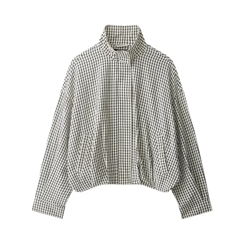 Damen Karierter Cropped-Boxy-Blouson mit Stehkragen und Eingrifftaschen Nord Taschen