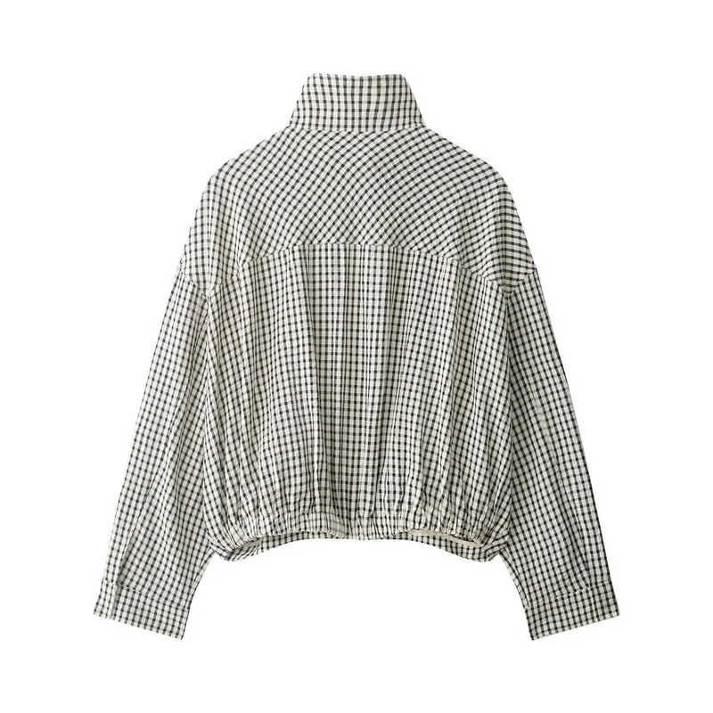 Damen Karierter Cropped-Boxy-Blouson mit Stehkragen und Eingrifftaschen Nord Taschen