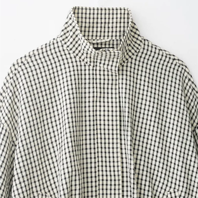 Damen Karierter Cropped-Boxy-Blouson mit Stehkragen und Eingrifftaschen Nord Taschen