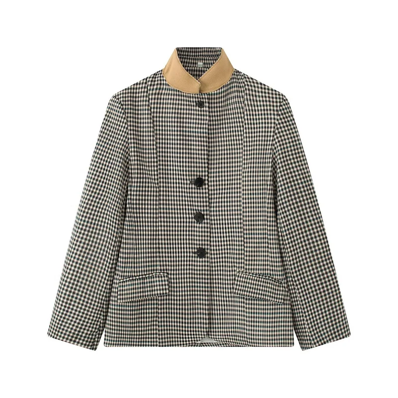 Damen Karierter Boxy‑Blazerjacke mit kontrastbesetztem Stehkragen und Pattentaschen Nord Taschen