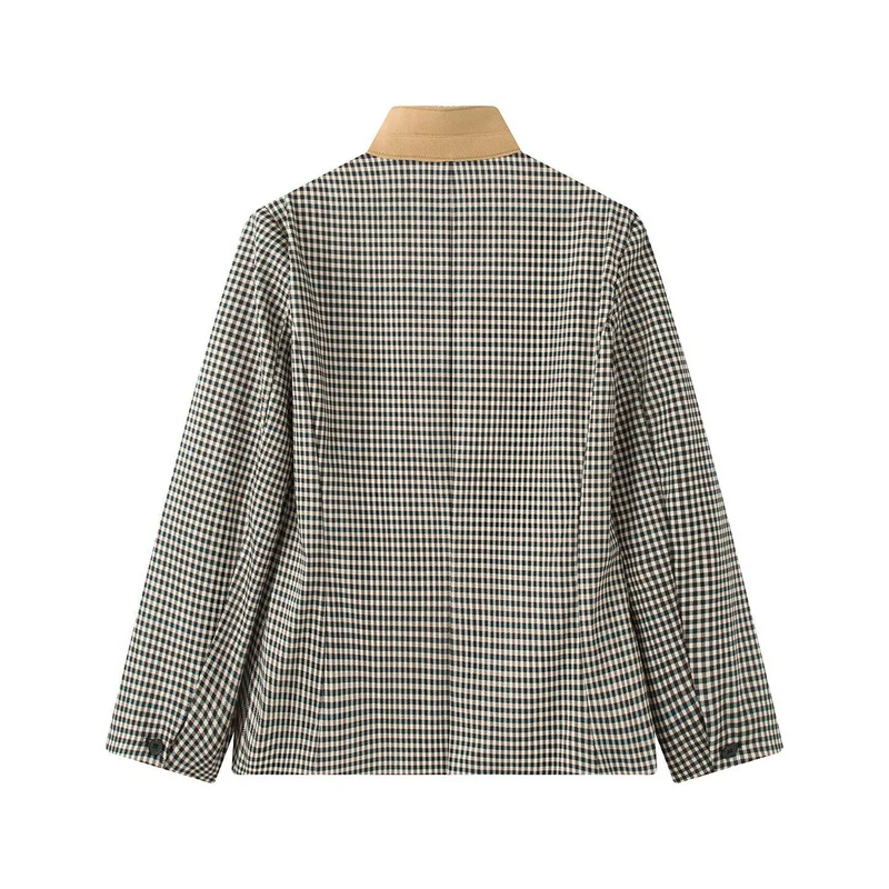 Damen Karierter Boxy‑Blazerjacke mit kontrastbesetztem Stehkragen und Pattentaschen Nord Taschen
