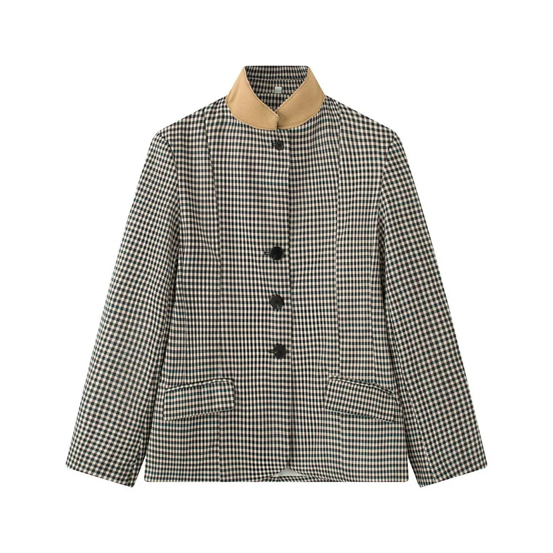 Damen Karierter Boxy‑Blazerjacke mit kontrastbesetztem Stehkragen und Pattentaschen Nord Taschen