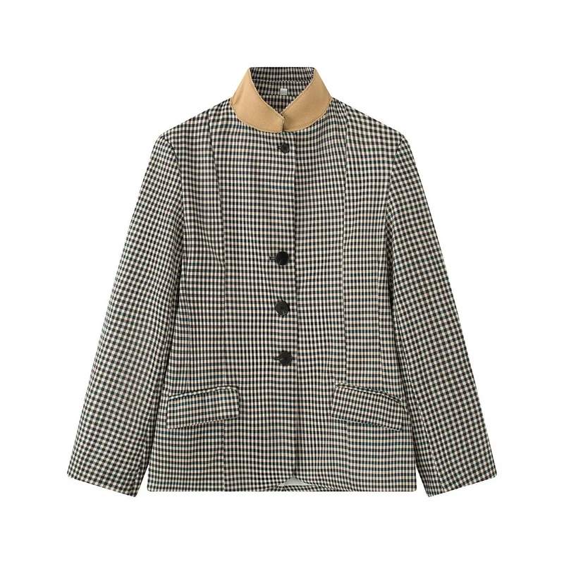 Damen Karierter Boxy‑Blazerjacke mit kontrastbesetztem Stehkragen und Pattentaschen Nord Taschen