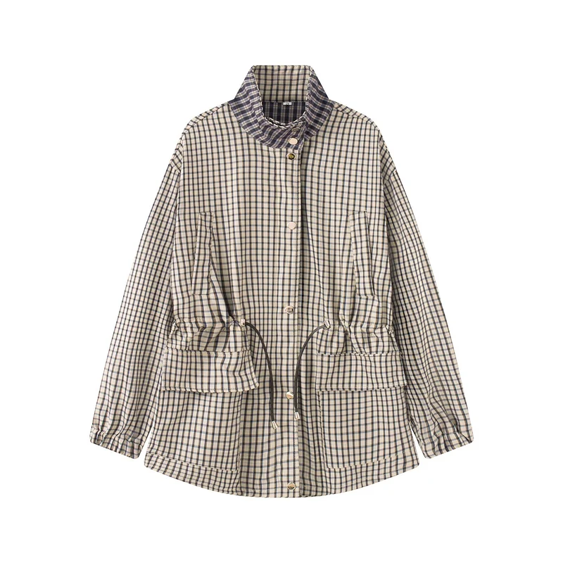 Damen Karierte Oversize-Parka-Jacke mit Tunnelzug und Stehkragen Nord Taschen