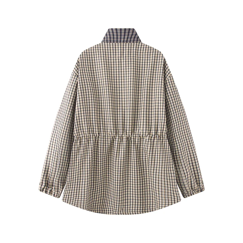 Damen Karierte Oversize-Parka-Jacke mit Tunnelzug und Stehkragen Nord Taschen