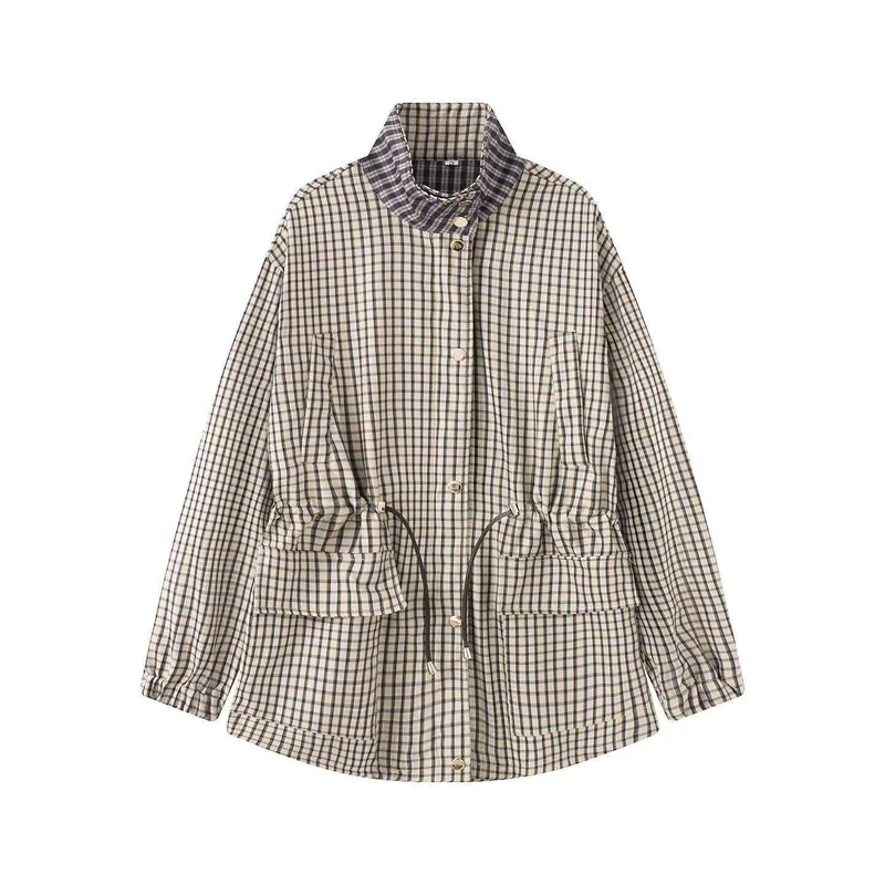 Damen Karierte Oversize-Parka-Jacke mit Tunnelzug und Stehkragen Nord Taschen