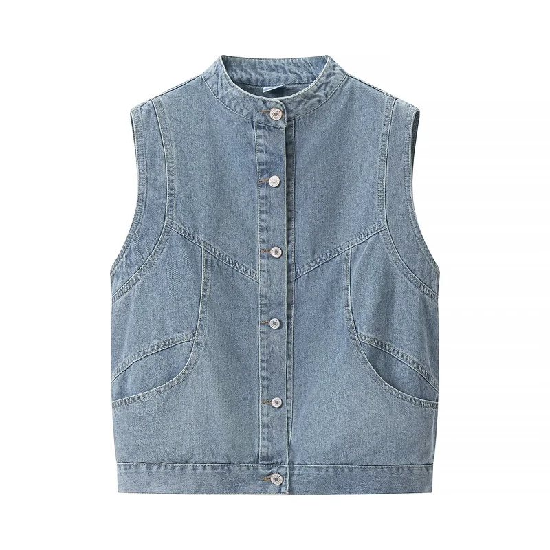 Damen Jeansweste mit Stehkragen, durchgehender Knopfleiste und aufgesetzten Taschen Nord Taschen
