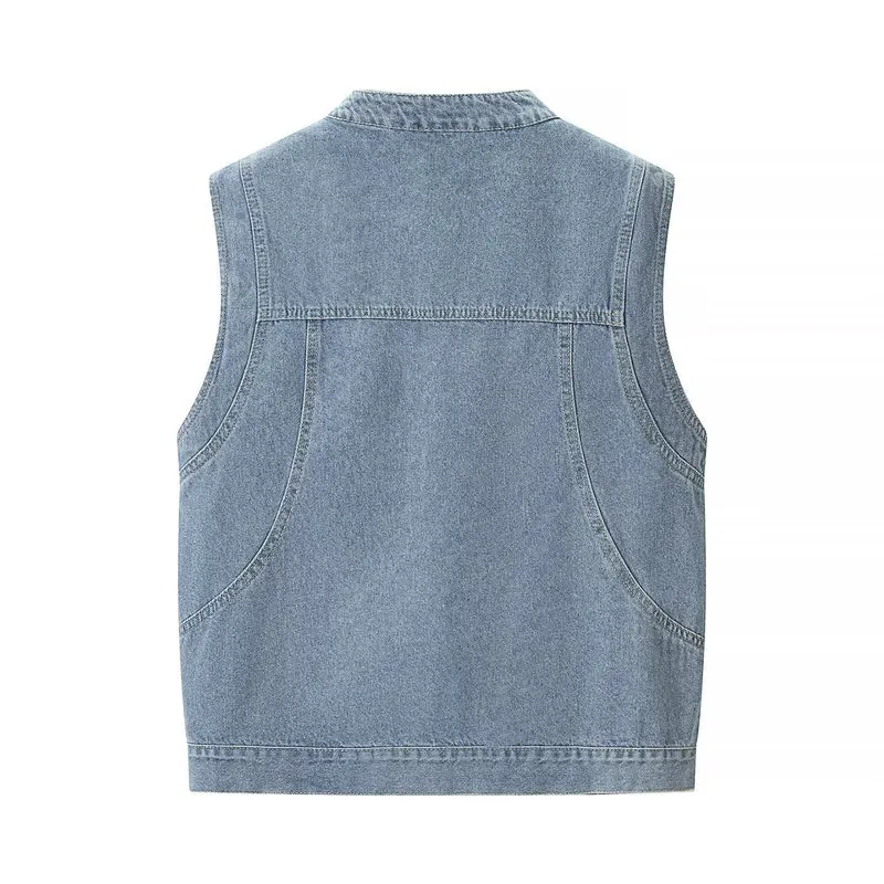 Damen Jeansweste mit Stehkragen, durchgehender Knopfleiste und aufgesetzten Taschen Nord Taschen