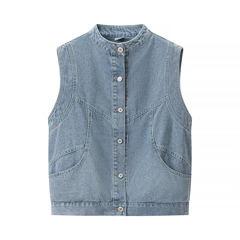 Damen Jeansweste mit Stehkragen, durchgehender Knopfleiste und aufgesetzten Taschen Nord Taschen