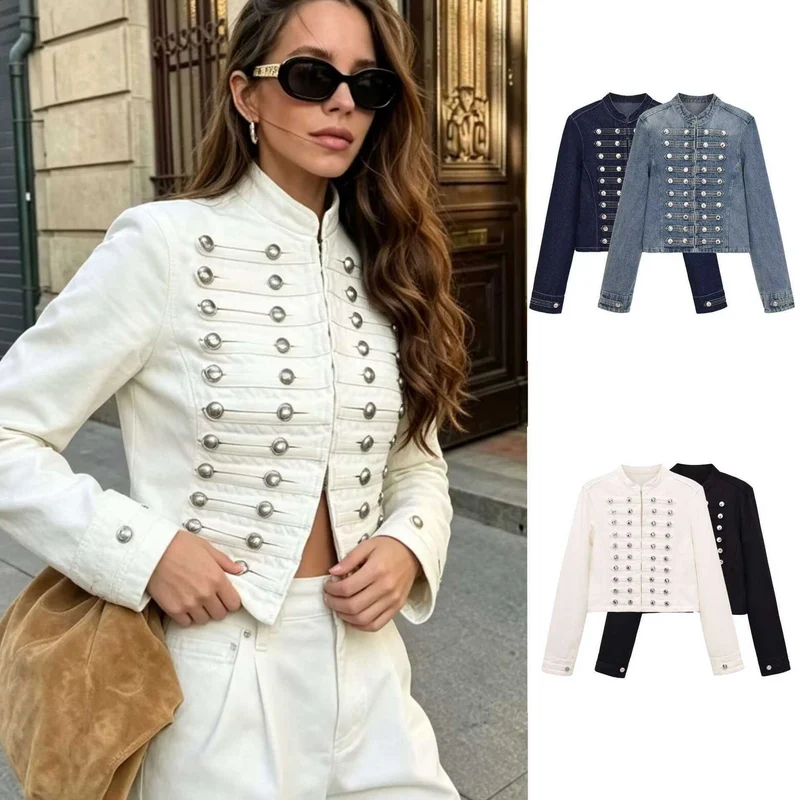 Damen Jeansjacke im Military‑Stil mit Reihenknöpfen und Stehkragen Nord Taschen