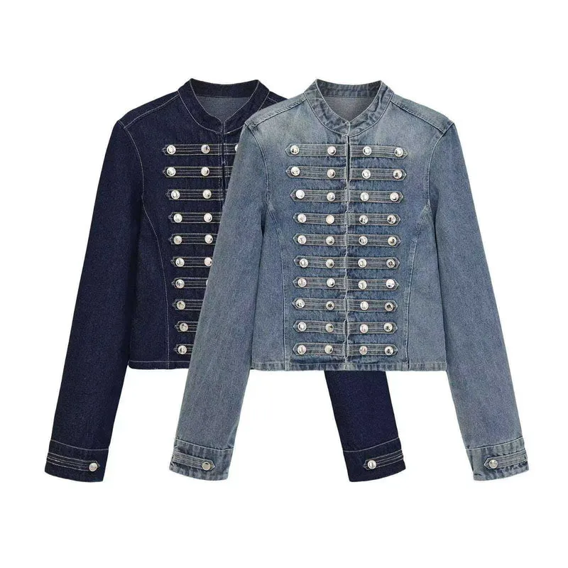 Damen Jeansjacke im Military‑Stil mit Reihenknöpfen und Stehkragen Nord Taschen
