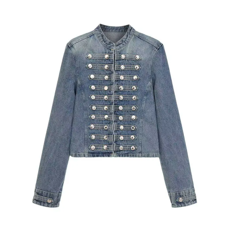 Damen Jeansjacke im Military‑Stil mit Reihenknöpfen und Stehkragen Nord Taschen