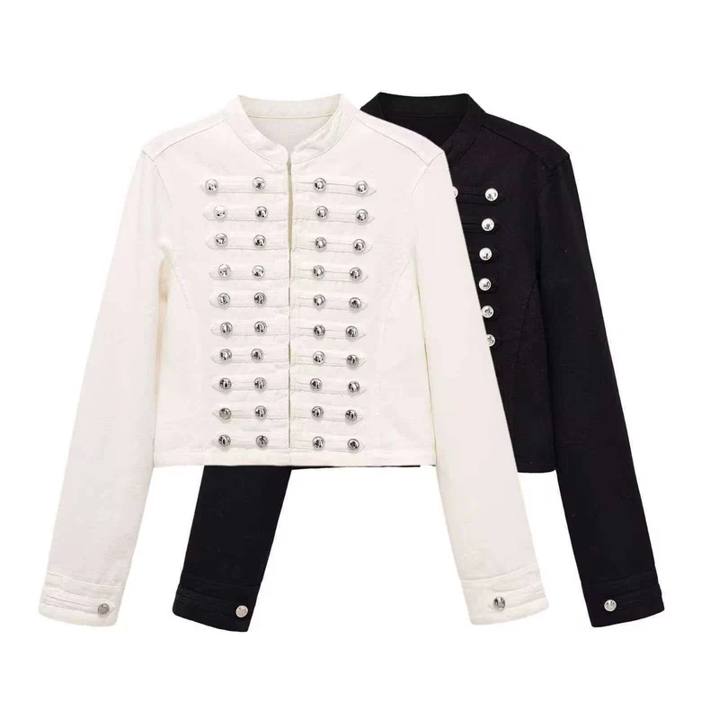 Damen Jeansjacke im Military‑Stil mit Reihenknöpfen und Stehkragen Nord Taschen