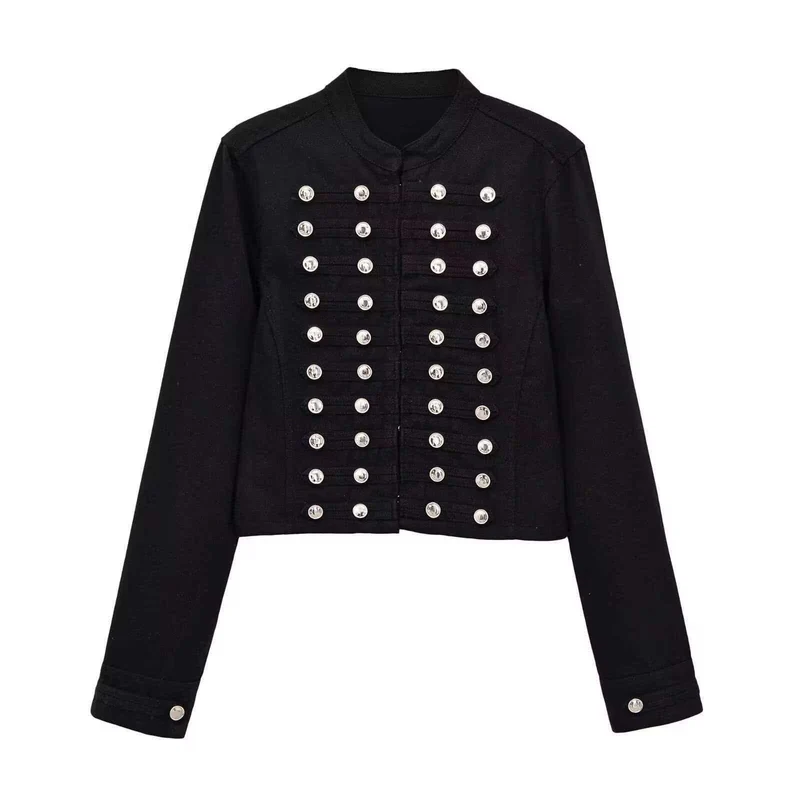 Damen Jeansjacke im Military‑Stil mit Reihenknöpfen und Stehkragen Nord Taschen