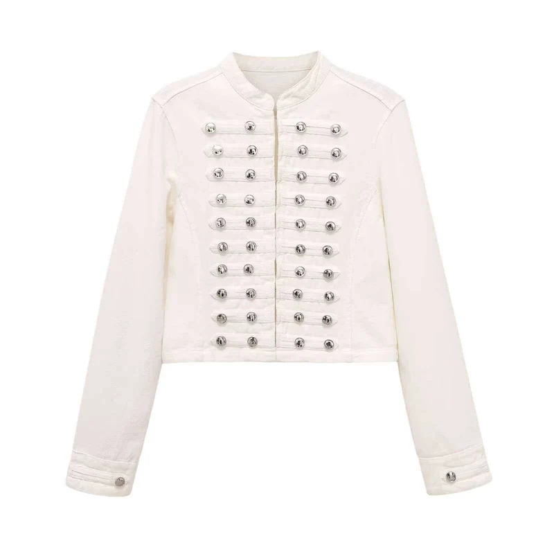 Damen Jeansjacke im Military‑Stil mit Reihenknöpfen und Stehkragen Nord Taschen
