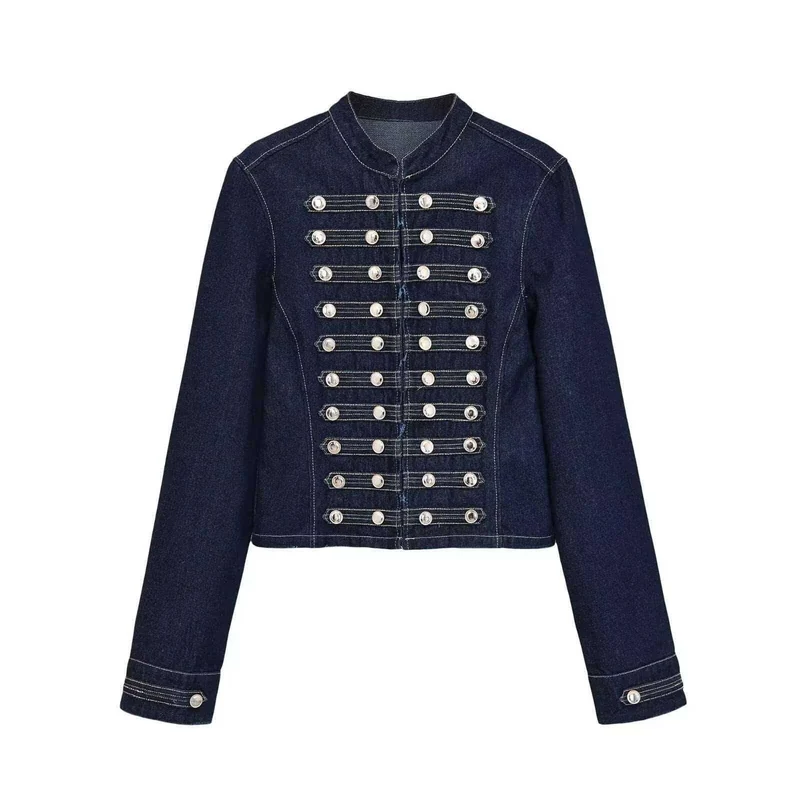 Damen Jeansjacke im Military‑Stil mit Reihenknöpfen und Stehkragen Nord Taschen