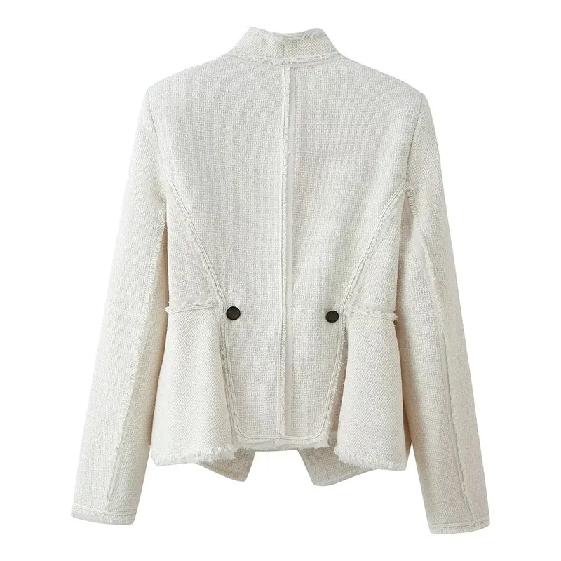 Damen Bouclé-Blazer mit Stehkragen, asymmetrischem Verschluss und fransigem Saum Nord Taschen