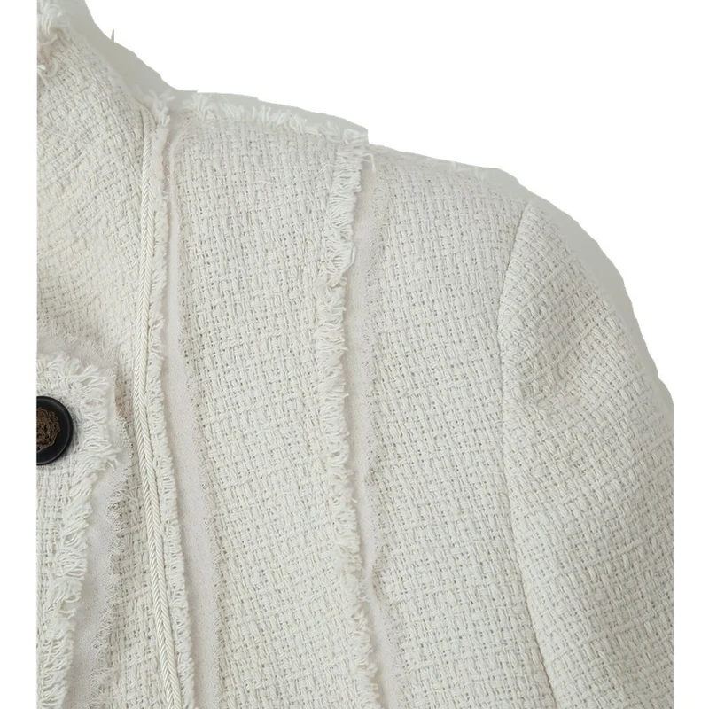 Damen Bouclé-Blazer mit Stehkragen, asymmetrischem Verschluss und fransigem Saum Nord Taschen