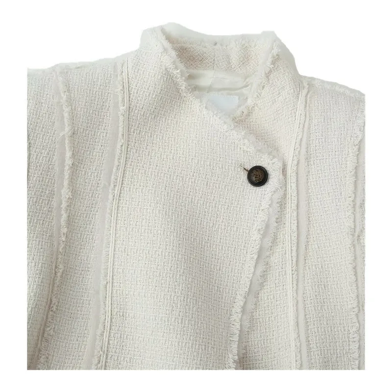 Damen Bouclé-Blazer mit Stehkragen, asymmetrischem Verschluss und fransigem Saum Nord Taschen