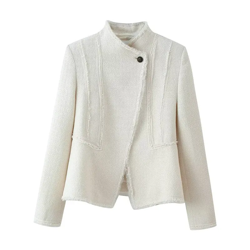 Damen Bouclé-Blazer mit Stehkragen, asymmetrischem Verschluss und fransigem Saum Nord Taschen