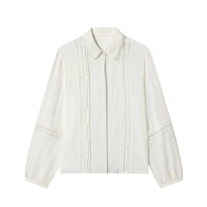 Damen Bluse mit zarter Spitzenapplikation, verdeckter Knopfleiste und Ballonärmeln Nord Taschen