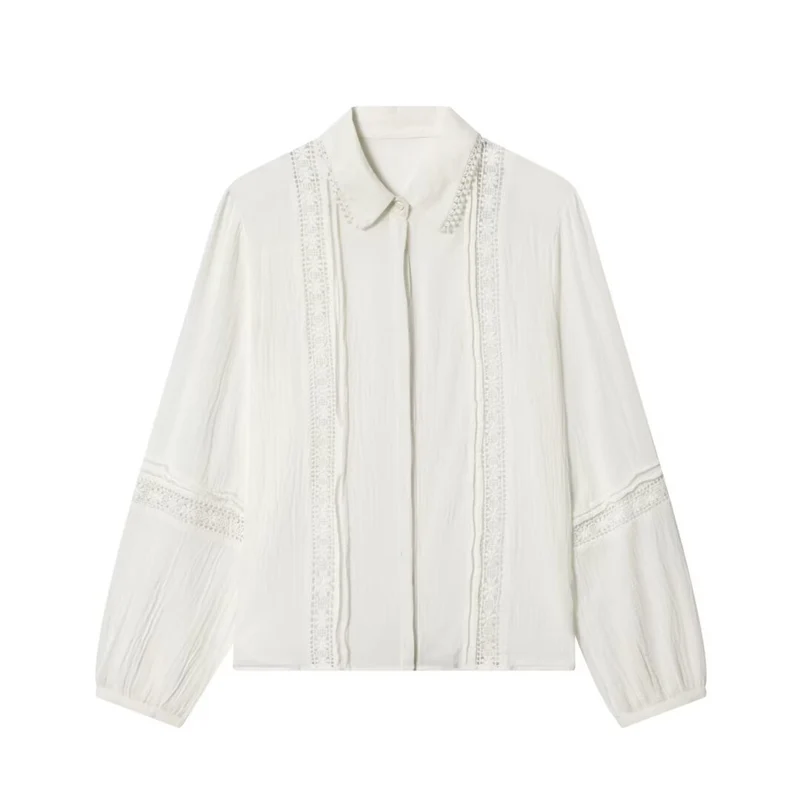 Damen Bluse mit zarter Spitzenapplikation, verdeckter Knopfleiste und Ballonärmeln Nord Taschen
