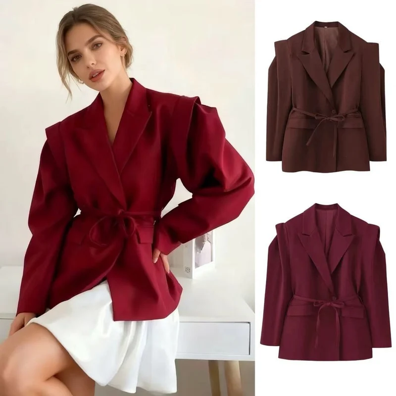Damen Blazer mit Schulter-Cutouts, Taillengürtel und Ein-Knopf-Verschluss Nord Taschen