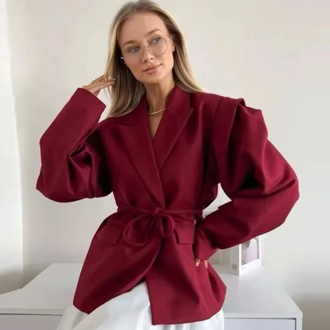 Damen Blazer mit Schulter-Cutouts, Taillengürtel und Ein-Knopf-Verschluss Nord Taschen