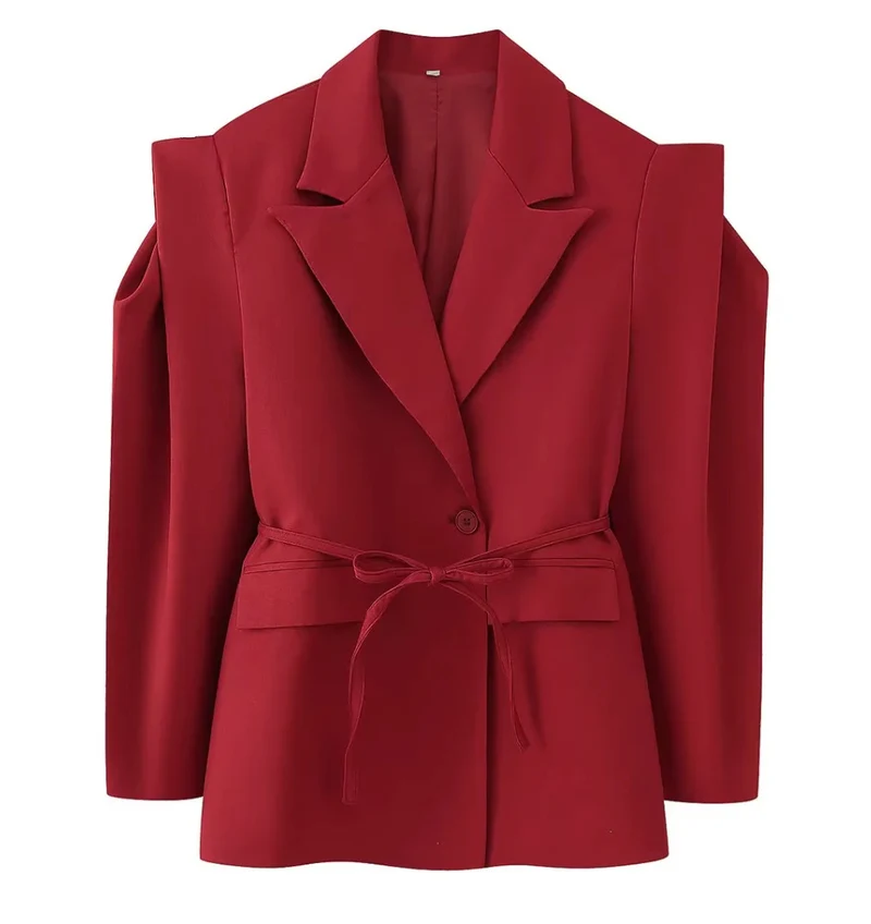 Damen Blazer mit Schulter-Cutouts, Taillengürtel und Ein-Knopf-Verschluss Nord Taschen