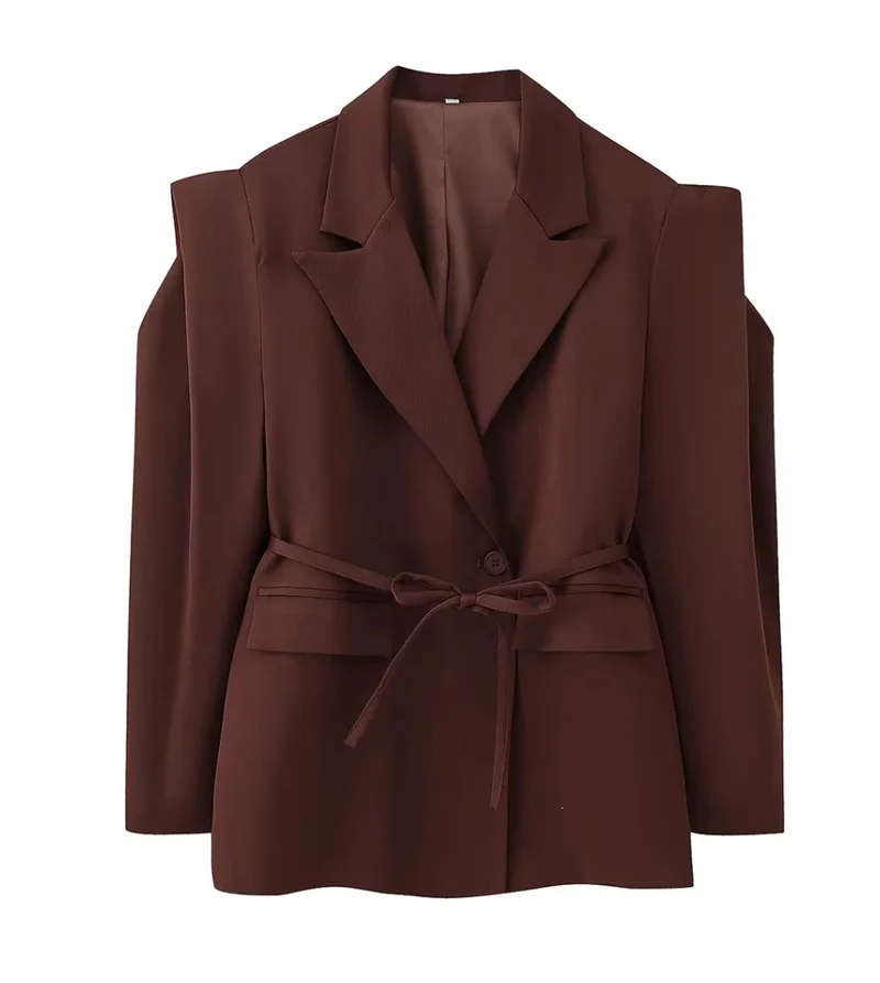 Damen Blazer mit Schulter-Cutouts, Taillengürtel und Ein-Knopf-Verschluss Nord Taschen