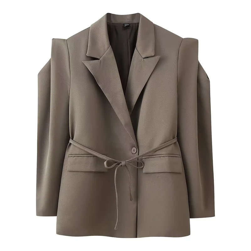 Damen Blazer mit Schulter-Cutouts, Taillengürtel und Ein-Knopf-Verschluss Nord Taschen