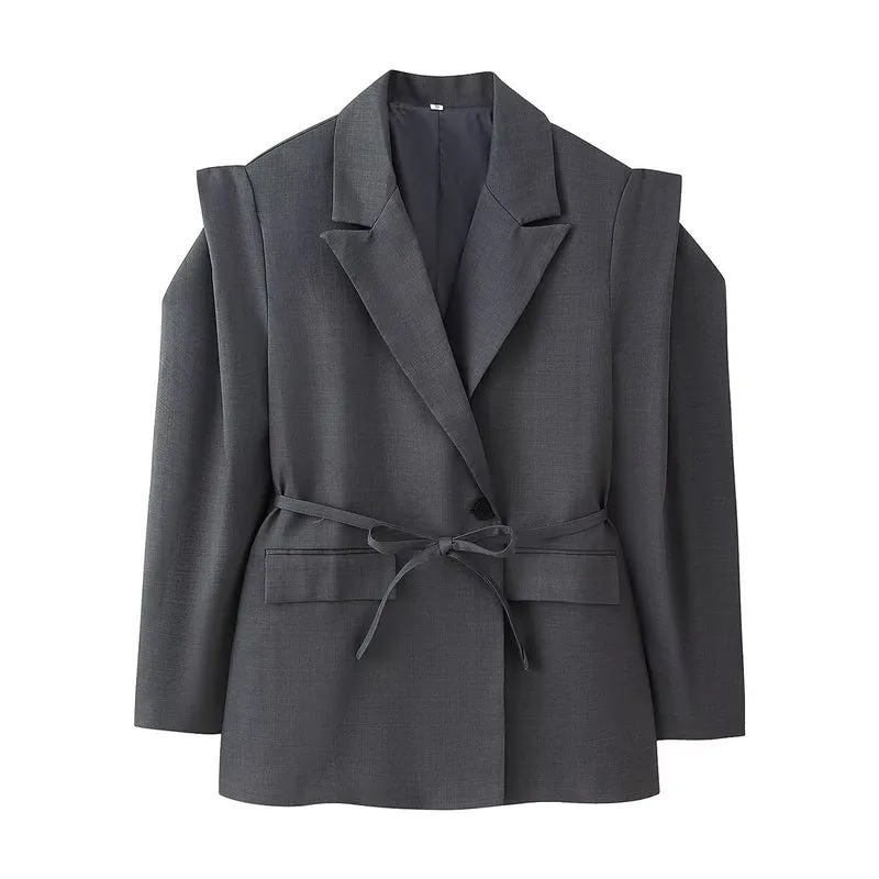 Damen Blazer mit Schulter-Cutouts, Taillengürtel und Ein-Knopf-Verschluss Nord Taschen