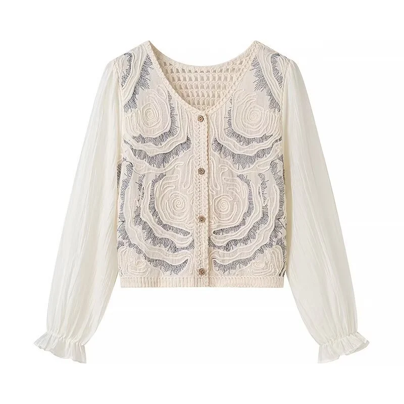 Damen Bestickter Häkelstrick-Cardigan mit transparenten Plissee-Ärmeln Nord Taschen