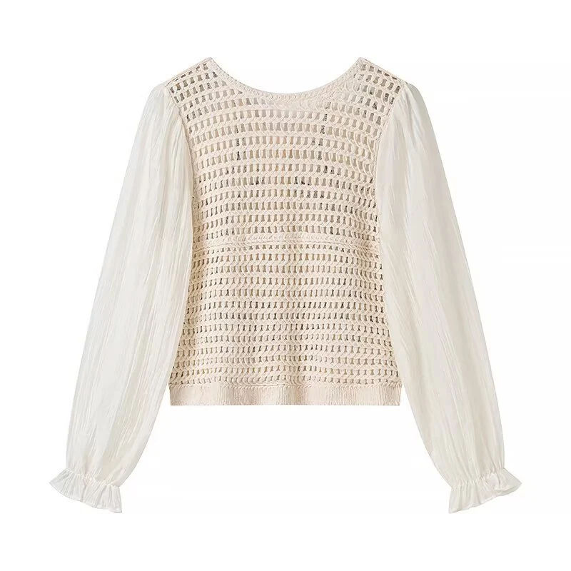 Damen Bestickter Häkelstrick-Cardigan mit transparenten Plissee-Ärmeln Nord Taschen